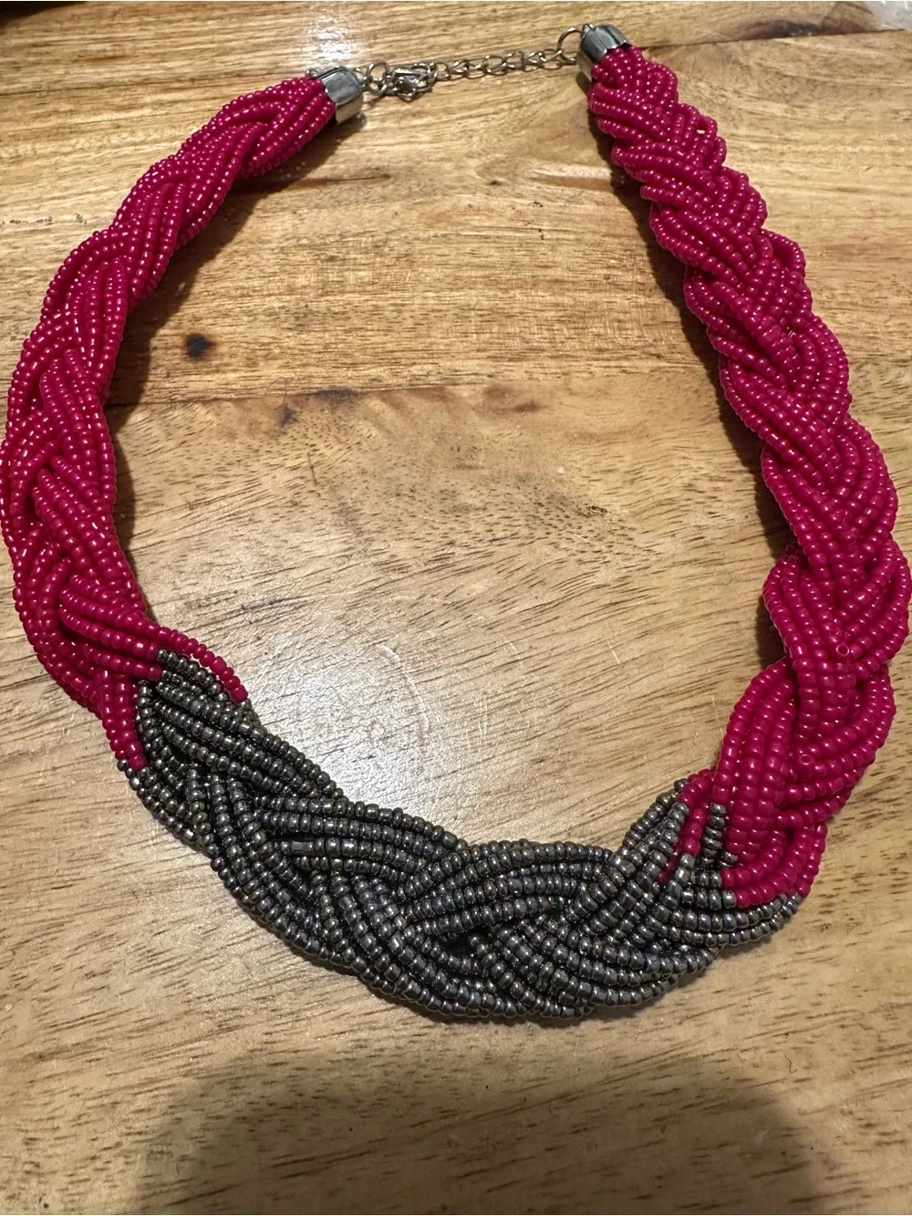 Beaded Statement Necklace - Magenta and Metallic -